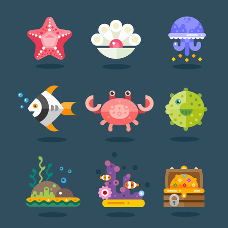 Marine icon set. Residents of sea fauna, underwater life. Fish, starfish, jellyfish, chest of gold, algae and attributes. Vector flat illustrationのイラスト素材