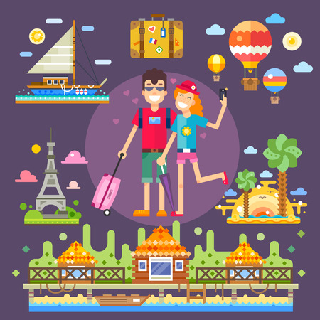 Couple in love, travels the world. Pleasant romantic trip to the best attractions, memories of youth. Vector flat illustrationのイラスト素材