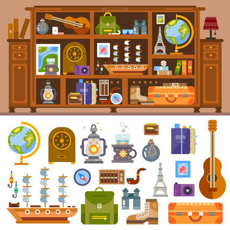 Travelers's cupboard with books and souvenirs from trips. Camera, photo, globe, statuettes, shells, guitar, lamp, compass, suitcase. Vector flat illustrationsのイラスト素材