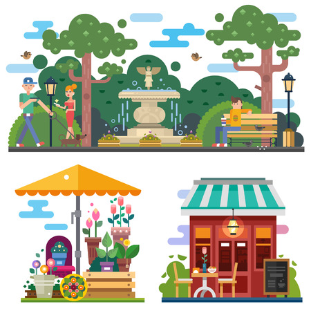 Beautiful city space in summer time: flower shop, cafe outdoor. Walking the dog in the city park, rest on the bench. People characters. Vector flat illustrationのイラスト素材