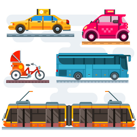 City transport set. Public transport: taxi, bus, subway, train. Personal transport: car, bike, moped, motorcycle. Vector flat illustrationsのイラスト素材