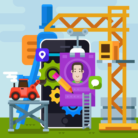 Website creation and design. Development a working application. Vector flat illustrationのイラスト素材