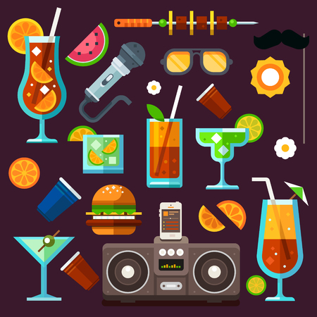 Party icon set, summer fun, cocktails and celebrations. Methods to relax: party, music, food, travel, entertainment. Vector flat icon setのイラスト素材