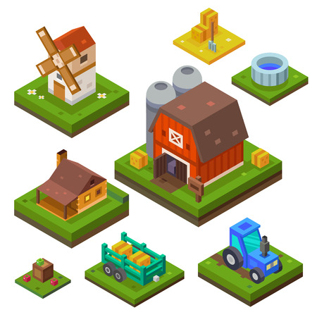 Farm set in isometric view. Attributes for agriculture in the countryside. Farm building. Farmhouse, mill, country house and a tractor. Vector flat illustrationのイラスト素材