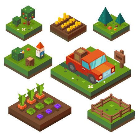 Farm, at harvest time. Vegetable garden and agriculture in isometry. Paddock, vegetables, truck, forest. Vector flat illustrationのイラスト素材