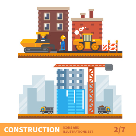 Construction set. Workers building a house, lay asphalt. Tractor, crane, truck. Vector flat illustrationのイラスト素材