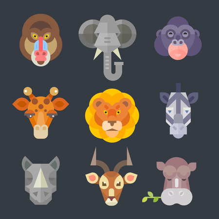 African animal icon color set. Exotic animals from warm countries: mammal, artiodactyls. Vector flat illustration African everyday. A woman with a bowl on head, boy with fruit in a plate. National houses, native animals. Vector flat illustrationのイラスト素材