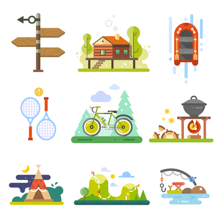 Activities in the forest or leisure on nature. Rafting, tennis, bike, hiking or fishing. Vector icon flat setのイラスト素材