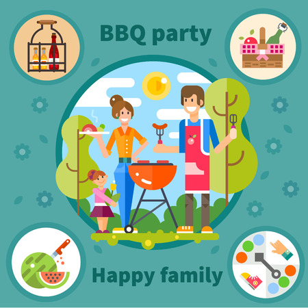 Family holiday, outdoors, BBQ party. Weekend in happy family, cooking at the picnic. Vector flat illustrationのイラスト素材