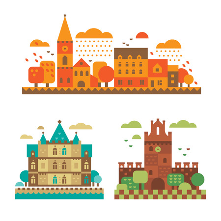 Medieval castles in the fall. European architecture against the backdrop of autumn landscapes. Vector flat illustrationのイラスト素材
