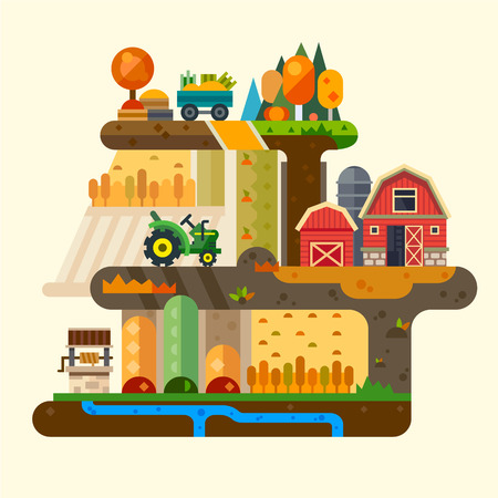 Farm life: natural economy, agriculture, seeding, watering, autumn harvesting. Village landscapes with farm building, tractor, well, field, garden, trees. Vector flat illustrationのイラスト素材