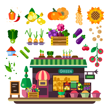 Farm shop: vegetables and fruits. Natural food, vegan lifestyle, count with food, autumn harvest. Vector flat illustrationのイラスト素材