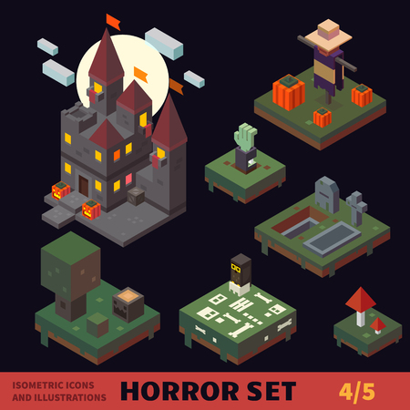 Isometric horror vector flat tiles and objects set.のイラスト素材