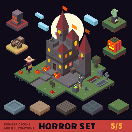 Isometric horror vector flat tiles and objects compilation.のイラスト素材