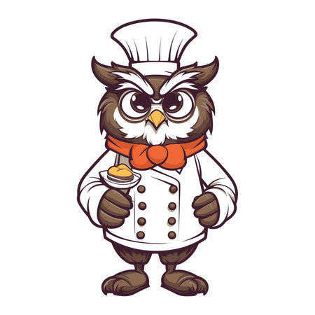 Owl chef cartoon character with chef hat and uniform vector illustration.のイラスト素材