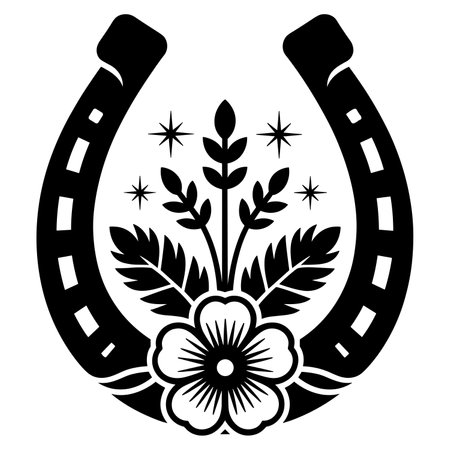 Horseshoe with flowers. Black and white vector illustration.のイラスト素材