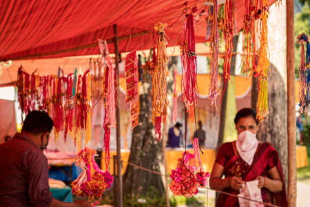 1 august 2020, madhyapradesh sarni city market.The festival celebrated in India is known as Rakshabandhan, this time the masks were also used by the shopkeepers who put Rakhi shopping masks in the markets under Coronavirus.のeditorial素材
