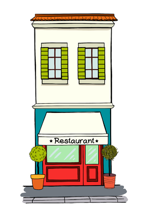 Hand drawn sketchy house with shop on the ground floor and two windows with open shutters on the first floor.のイラスト素材