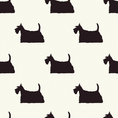 Seamless pattern with dog silhouettes on polka dot background. Scottish terrier. Vector background.のイラスト素材