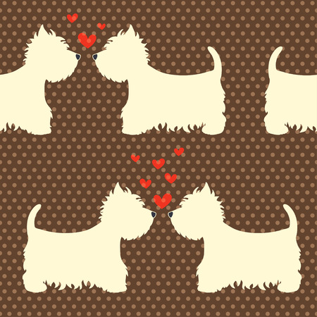 Seamless pattern with cartoon dogs silhouettes on polka dot background. Cute and lovely West highland terrier couples with hearts. Valentine background design.のイラスト素材