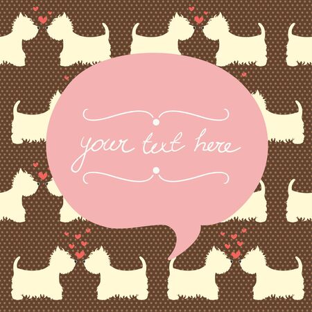 Seamless pattern with cartoon dogs silhouettes on polka dot background. Cute and lovely West highland terrier couples with hearts. Valentine card design.のイラスト素材