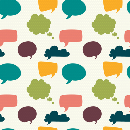 Seamless pattern with colorful speech and thought bubbles on polka dot background.のイラスト素材
