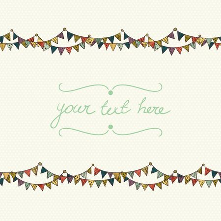 Cute greeting card with colorful childish bunting flags on polka dot background. Hand drawn invitation.のイラスト素材