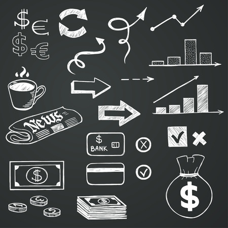 Set of hand drawn sketchy business icons on chalkboard background. Stock market related images.のイラスト素材