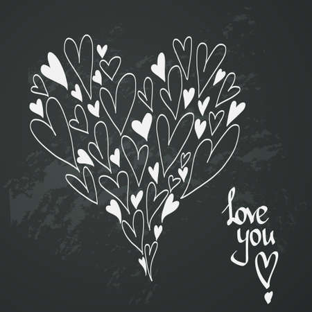 Happy Valentine's Day card. Stylish romantic invitation card template with hand drawn hearts on chalkboard background.のイラスト素材