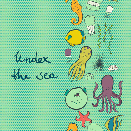 Hand drawn seamless pattern with different sea dwellers on blue polka dot background. Funny cartoon fish, octopus, jellyfish, starfish, seaweeds, sea hedgehog, sea horse.のイラスト素材