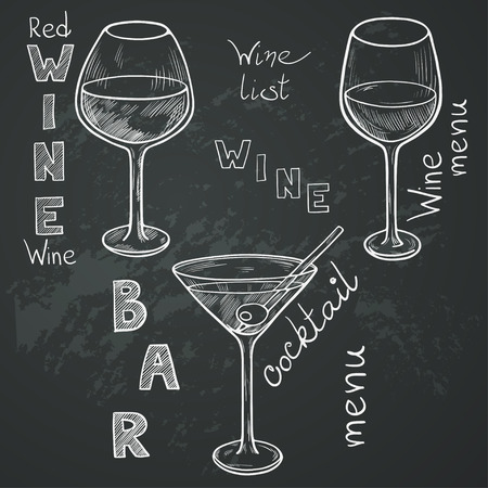 Set of sketched glasses for red wine, white wine, martini and cocktail on chalkboard background. Hand written letters in vintage style drawn with chalk on blackboard.のイラスト素材