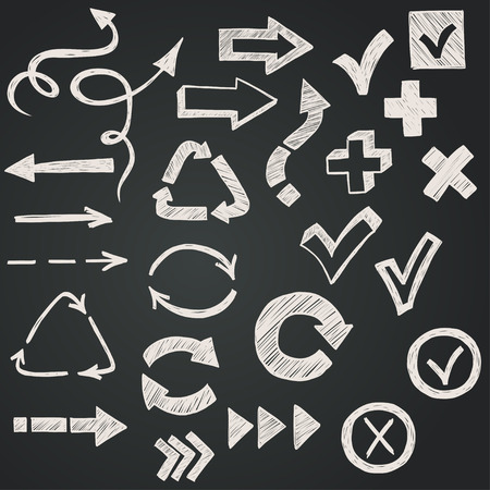 Checkmarks, checkboxes and arrows drawn with chalk in a doodled style on chalkboard background.