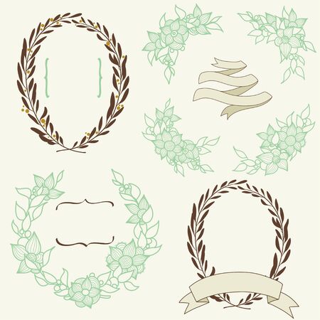 Collection of labels, ribbons, floral wreaths, laurel frames. Graphic vintage set isolated on light background.のイラスト素材