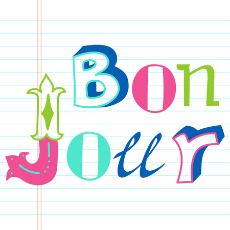 Creative graphic message made of colorful different hand drawn letters. Hand drawn lettering Bonjour on lined notebook paper background.のイラスト素材