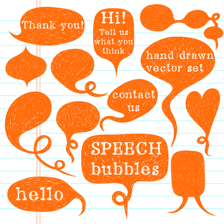 Big set of hand drawn speech bubbles on lined notebook paper background. Doodle cartoon comic bubbles.のイラスト素材