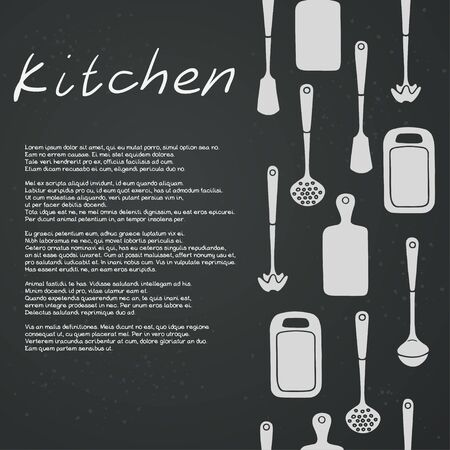 Kitchen utensils on chalkboard background. Cutting board, ladle, spatula, skimmer. Vector template.のイラスト素材