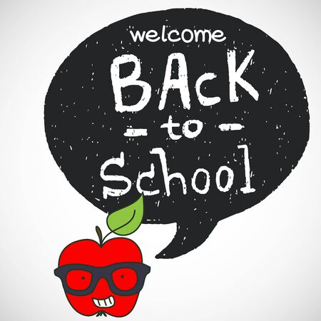 Back to school doodle background with hipster red apple in glasses and black speech bubble for the text with hand drawn lettering.のイラスト素材