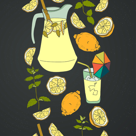 Seamless pattern with lemonade and it's ingredients. Doodle lemon, mint, jug, ice and glass on chalkboard background. Hand drawn vector illustration.のイラスト素材