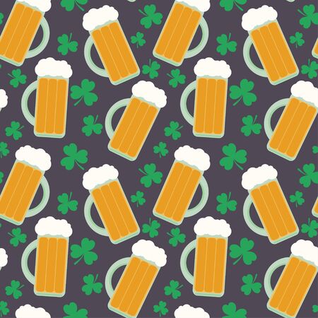 Seamless pattern with beer glasses and clover for St. Patrick's Day. Flat style background.のイラスト素材