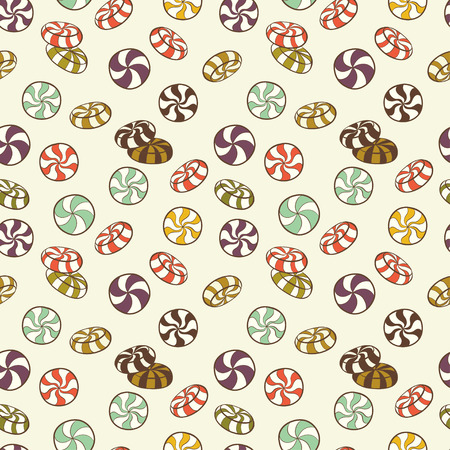 Cute seamless pattern made of hand drawn doodle caramel candies. Cartoon sweets background.のイラスト素材