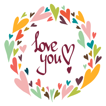 Cute card template in bright colors. Stylish romantic invitation card template with frame made of colorful doodle hearts on white background.のイラスト素材