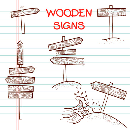 Set of sketched doodle wooden signs on lined note paper.のイラスト素材