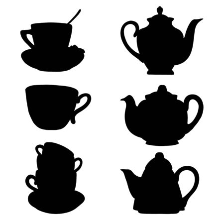 Set of tea and coffee cups and pots silhouettes.のイラスト素材