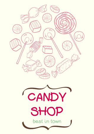 Cute set of hand drawn doodle sweets. Cartoon poster with candy collection.のイラスト素材