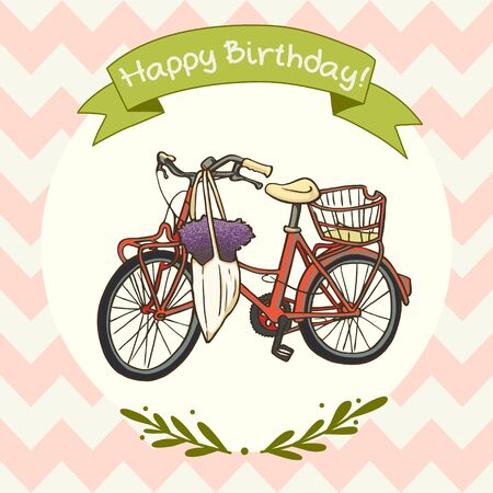 Cute and sweet invitation or greeting card template with hand drawn red vintage bicycle and ribbon banner on chevron background.のイラスト素材