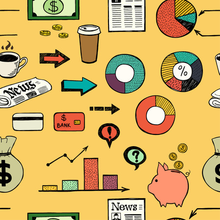 Seamless pattern with hand drawn colorful business symbols. Tiling background with doodle business icons.のイラスト素材