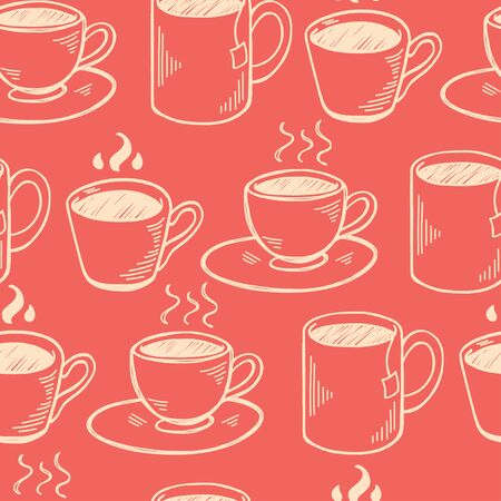 Seamless pattern with hand drawn sketchy tea and coffee cups. Coffee break colorful tiling background.のイラスト素材