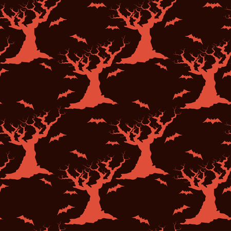Hand drawn halloween seamless pattern with cartoon spooky tree silhouette and bats.のイラスト素材