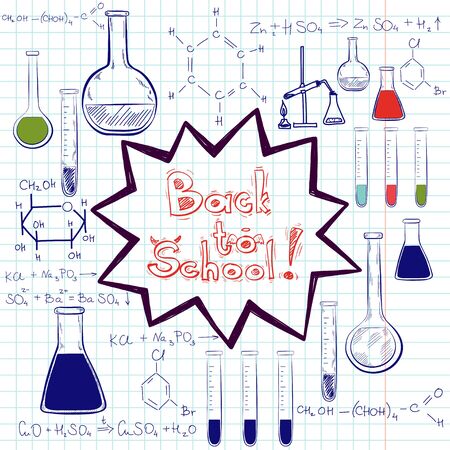 Hand drawn back to school sketched elements on squared notebook paper. Notebook doodles with lettering, chemical flasks, formulas.のイラスト素材