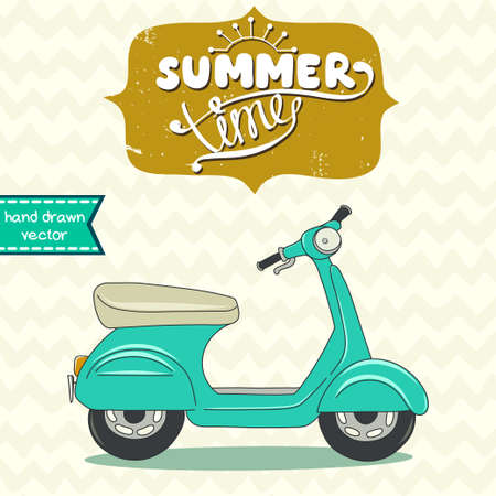 Doodle hand drawn cartoon scooter on chevron background. Old school motorbike with hand drawn frame and Summer Time lettering.のイラスト素材